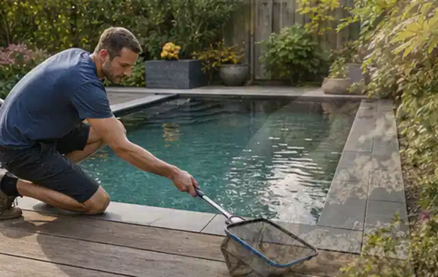 Person entfernt Blätter mit einem Kescher aus einem kleinen Gartenpool; Thema Pergolen, Schwerpunkt Reinigung; Kontrolle.