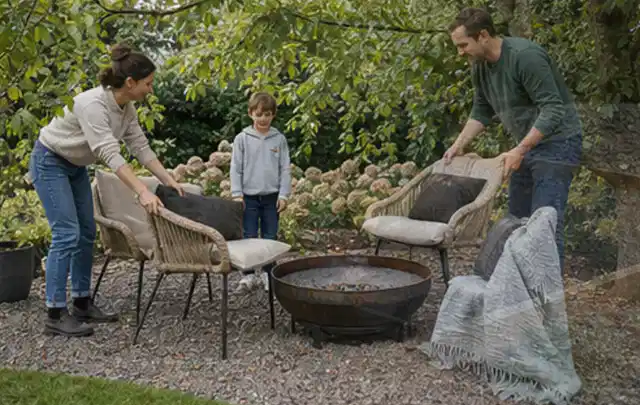 Familie stellt wetterfeste Sessel an einem geschützten Sitzplatz im Garten auf; Thema Pergolen, Schwerpunkt Reinigung; Ergebnis.