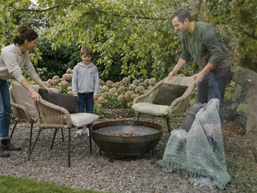 Familie stellt wetterfeste Sessel an einem geschützten Sitzplatz im Garten auf; Thema Pergolen, Schwerpunkt Reparatur; Titelbild.