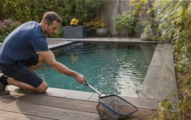 Person entfernt Blätter mit einem Kescher aus einem kleinen Gartenpool; Thema Pergolen, Schwerpunkt Reparatur; Ergebnis.