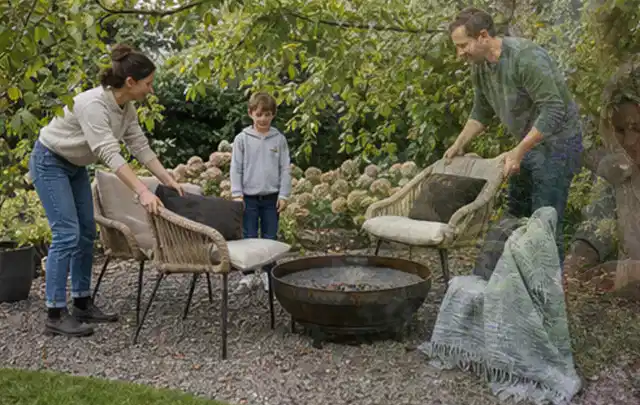 Familie stellt wetterfeste Sessel an einem geschützten Sitzplatz im Garten auf; Thema Pergolen, Schwerpunkt Sicherheit; Kontrolle.
