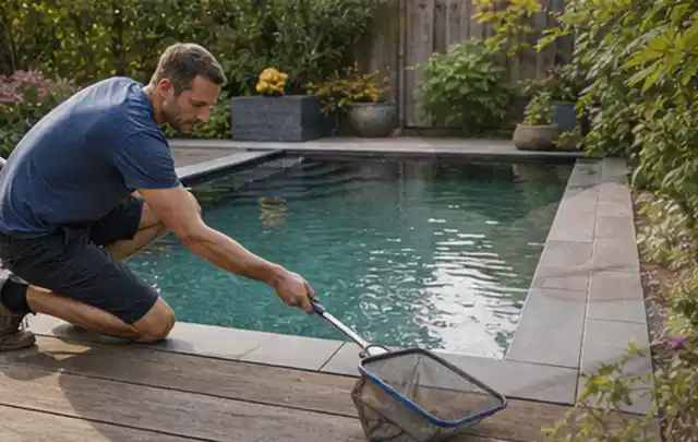 Person entfernt Blätter mit einem Kescher aus einem kleinen Gartenpool; Thema Pergolen, Schwerpunkt Sicherheit; Ergebnis.