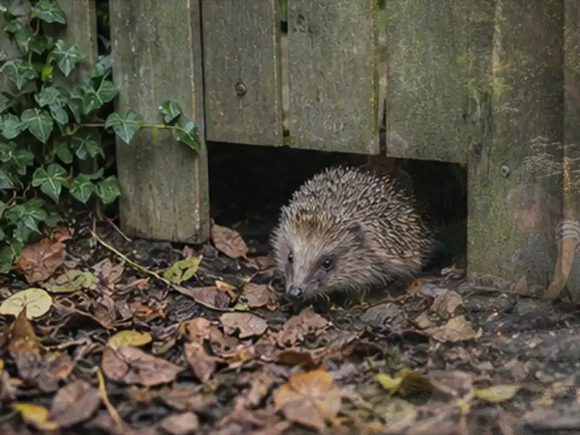 Igel nutzt einen bodennahen Durchgang unter einem hölzernen Gartenzaun; Thema Pergolen, Schwerpunkt Systemvergleich; Titelbild.