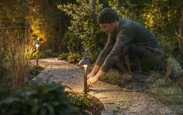 Person richtet eine niedrige warm leuchtende Gartenlampe am Kiesweg aus; Thema Pergolen, Schwerpunkt Systemvergleich; Ausgangslage.