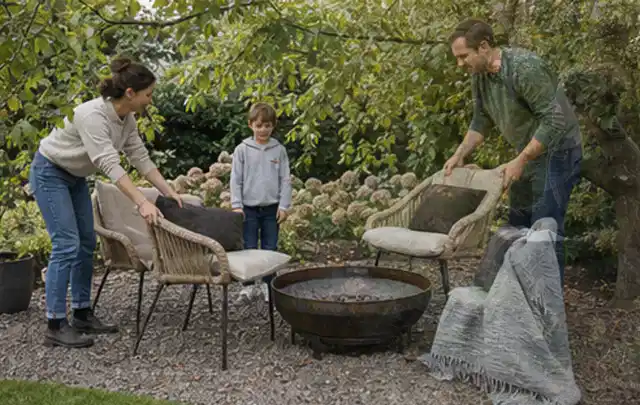 Familie stellt wetterfeste Sessel an einem geschützten Sitzplatz im Garten auf; Thema Pergolen, Schwerpunkt Systemvergleich; Umsetzung.