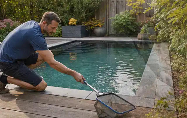 Person entfernt Blätter mit einem Kescher aus einem kleinen Gartenpool; Thema Pergolen, Schwerpunkt Systemvergleich; Kontrolle.