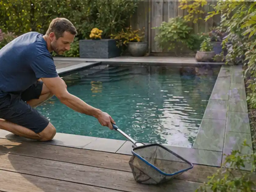 Person entfernt Blätter mit einem Kescher aus einem kleinen Gartenpool; Thema Pergolen, Schwerpunkt Testkriterien; Titelbild.