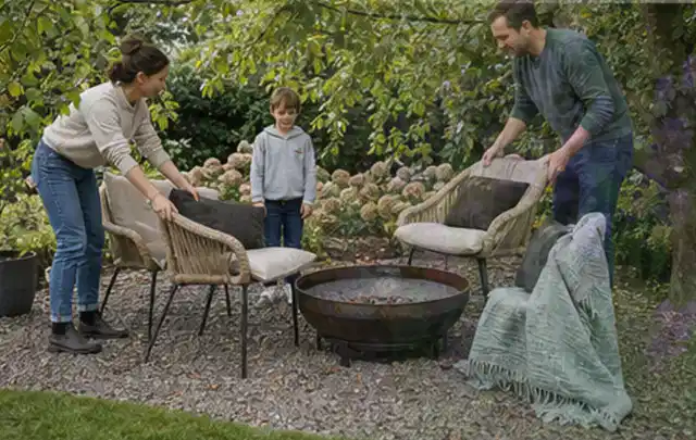 Familie stellt wetterfeste Sessel an einem geschützten Sitzplatz im Garten auf; Thema Pergolen, Schwerpunkt Testkriterien; Ausgangslage.