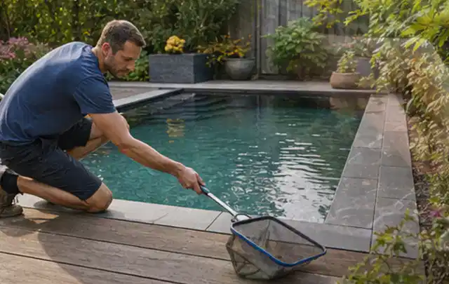 Person entfernt Blätter mit einem Kescher aus einem kleinen Gartenpool; Thema Pergolen, Schwerpunkt Vergleich; Ausgangslage.