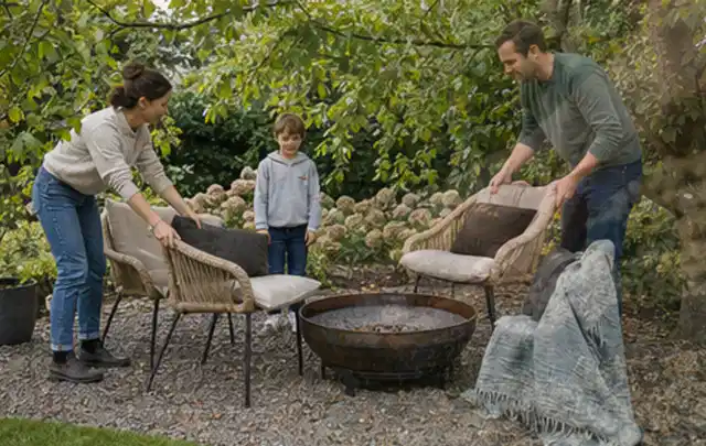 Familie stellt wetterfeste Sessel an einem geschützten Sitzplatz im Garten auf; Thema Pergolen, Schwerpunkt Vergleich; Praxisalltag.