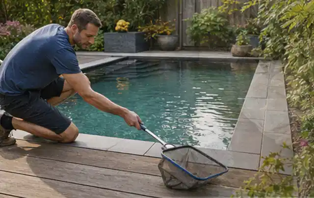Person entfernt Blätter mit einem Kescher aus einem kleinen Gartenpool; Thema Pergolen, Schwerpunkt Winterlager; Ergebnis.