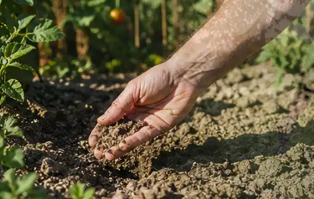 Hand prüft trockene krümelige Gartenerde während einer warmen Sommerphase; Thema Perlschläuche, Schwerpunkt Anwendung; Kontrolle.
