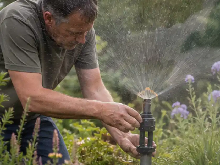 Person richtet einen laufenden Gartensprenger zwischen Stauden präzise aus; Thema Perlschläuche, Schwerpunkt Checkliste; Titelbild.