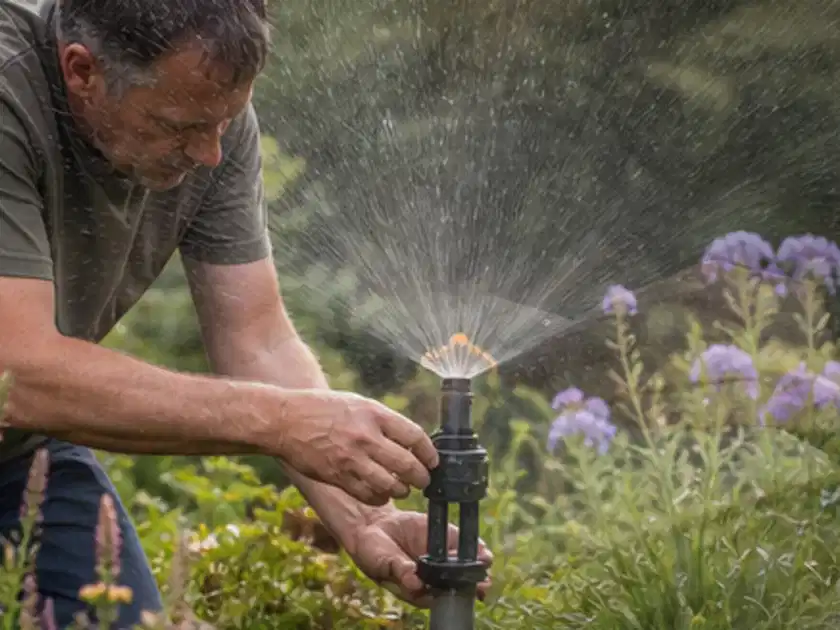 Person richtet einen laufenden Gartensprenger zwischen Stauden präzise aus; Thema Perlschläuche, Schwerpunkt Dimensionierung; Titelbild.
