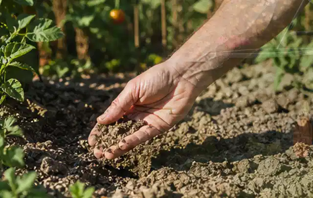 Hand prüft trockene krümelige Gartenerde während einer warmen Sommerphase; Thema Perlschläuche, Schwerpunkt Fehlerhilfe; Kontrolle.