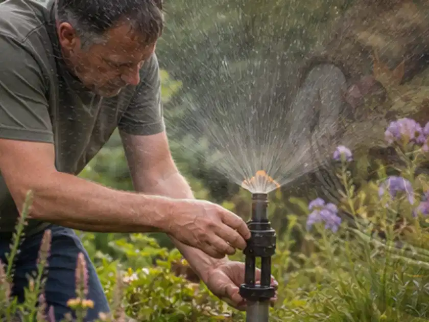 Person richtet einen laufenden Gartensprenger zwischen Stauden präzise aus; Thema Perlschläuche, Schwerpunkt Kaufberatung; Titelbild.
