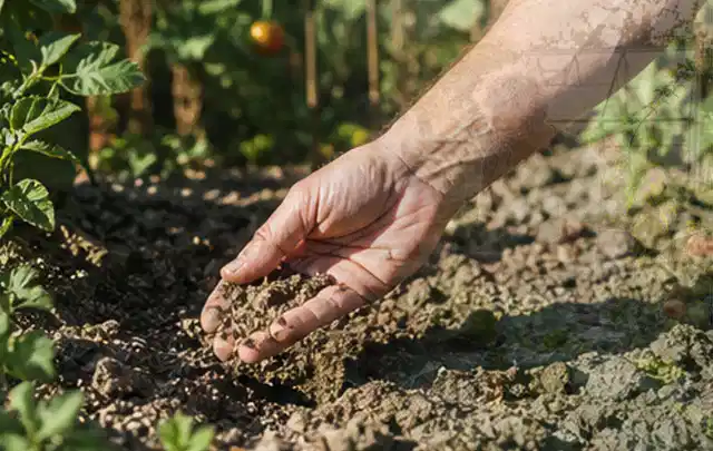 Hand prüft trockene krümelige Gartenerde während einer warmen Sommerphase; Thema Perlschläuche, Schwerpunkt Kaufberatung; Praxisalltag.