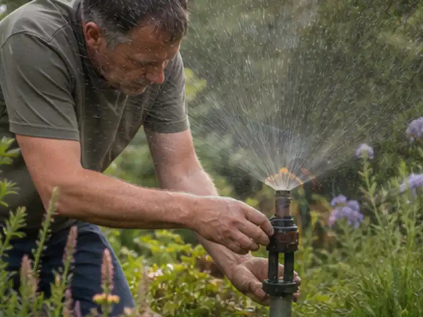 Person richtet einen laufenden Gartensprenger zwischen Stauden präzise aus; Thema Perlschläuche, Schwerpunkt Nachhaltigkeit; Titelbild.