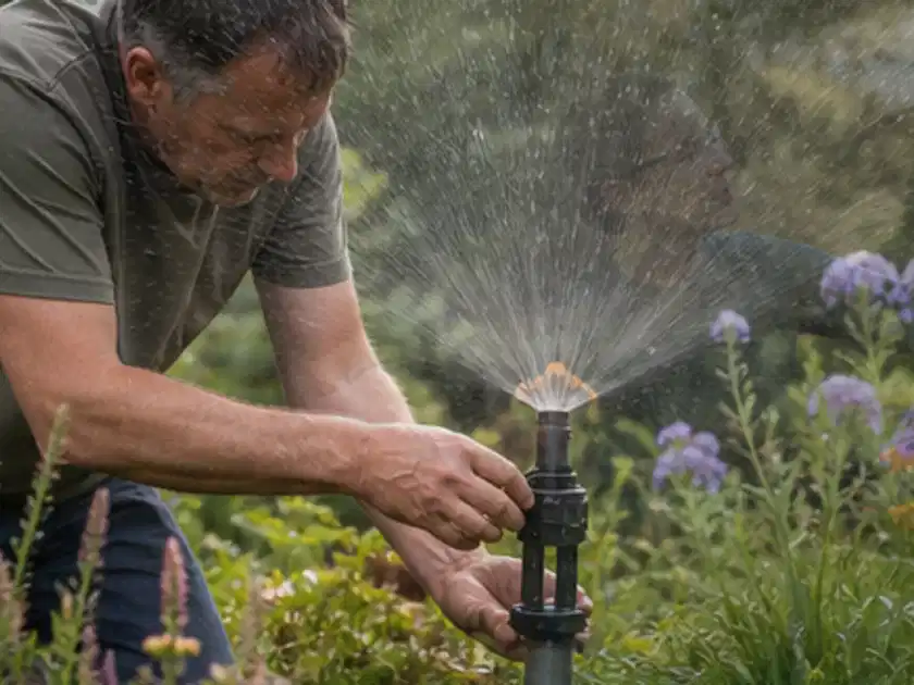 Person richtet einen laufenden Gartensprenger zwischen Stauden präzise aus; Thema Perlschläuche, Schwerpunkt Reinigung; Titelbild.