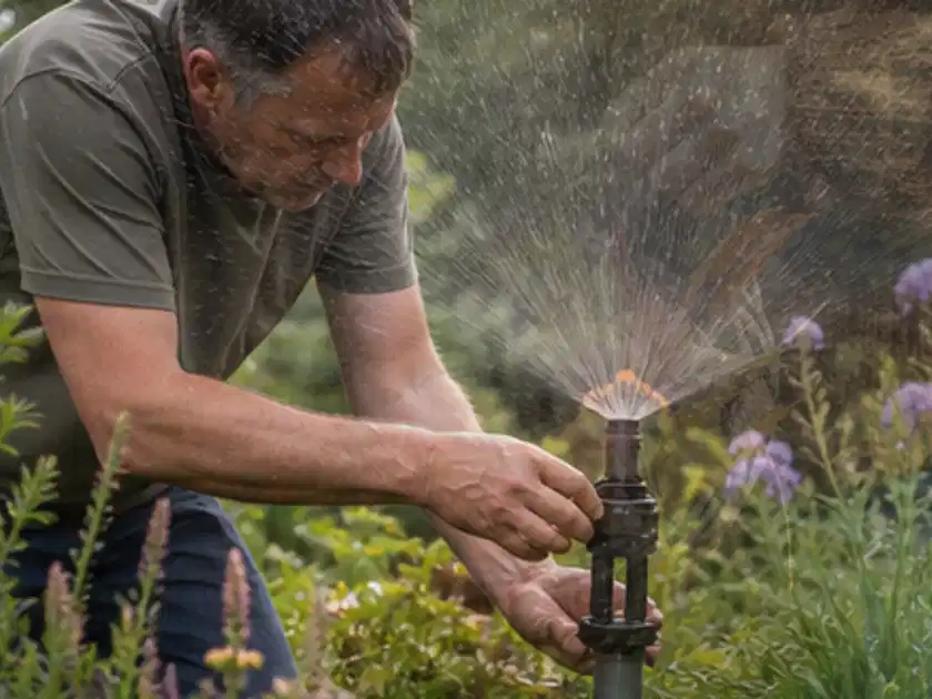 Person richtet einen laufenden Gartensprenger zwischen Stauden präzise aus; Thema Perlschläuche, Schwerpunkt Reparatur; Titelbild.