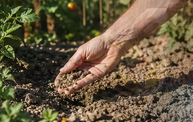 Hand prüft trockene krümelige Gartenerde während einer warmen Sommerphase; Thema Perlschläuche, Schwerpunkt Sicherheit; Ergebnis.