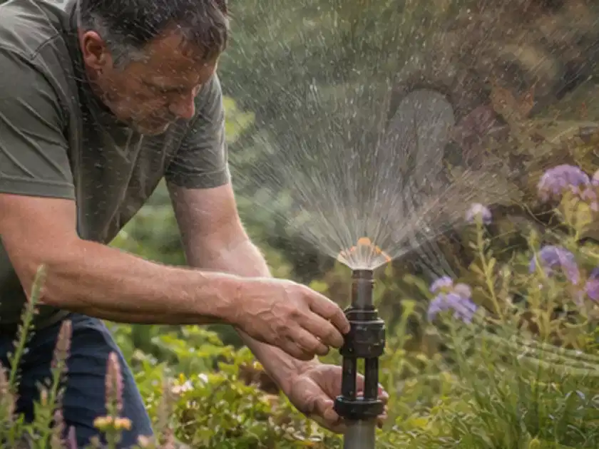 Person richtet einen laufenden Gartensprenger zwischen Stauden präzise aus; Thema Perlschläuche, Schwerpunkt Testkriterien; Titelbild.