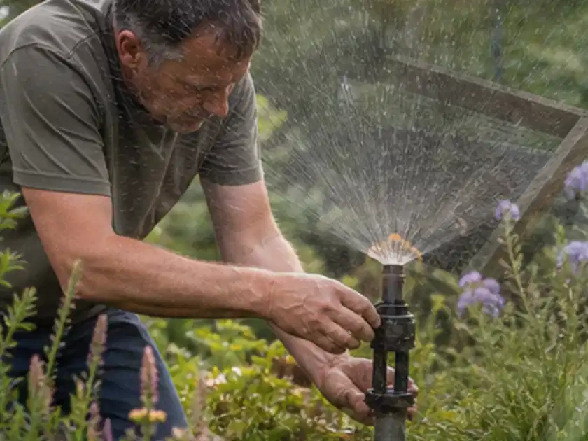 Person richtet einen laufenden Gartensprenger zwischen Stauden präzise aus; Thema Perlschläuche, Schwerpunkt Vergleich; Titelbild.