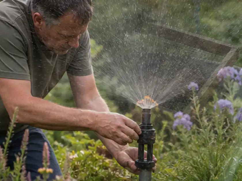 Person richtet einen laufenden Gartensprenger zwischen Stauden präzise aus; Thema Perlschläuche, Schwerpunkt Wartung; Titelbild.