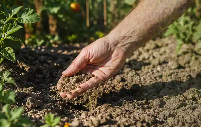 Hand prüft trockene krümelige Gartenerde während einer warmen Sommerphase; Thema Perlschläuche, Schwerpunkt Wartung; Umsetzung.