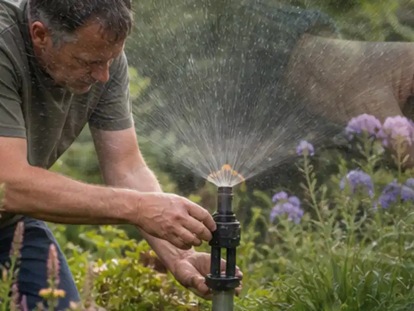 Person richtet einen laufenden Gartensprenger zwischen Stauden präzise aus; Thema Perlschläuche, Schwerpunkt Winterlager; Titelbild.