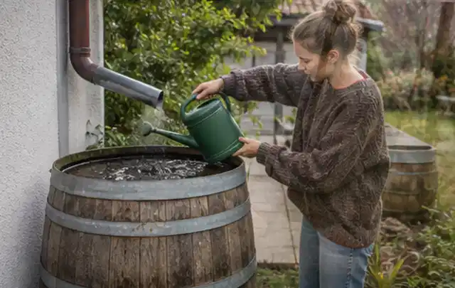 Person kontrolliert ein gefülltes Regenfass unter einem Fallrohr am Haus; Thema Perlschläuche, Schwerpunkt Winterlager; Praxisalltag.