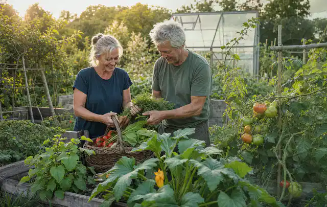 Zwei Personen ernten gemeinsam Gemüse in einem sonnigen Nutzgarten; Thema Petersilie, Schwerpunkt Boden; Praxisalltag.