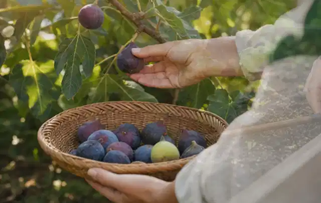 Hand pflückt eine reife Feige über einem flachen Korb mit Früchten; Thema Petersilie, Schwerpunkt Ernte; Umsetzung.