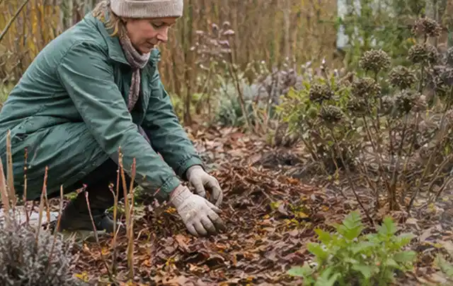 Person verteilt eine schützende Mulchschicht zwischen winterlichen Stauden; Thema Petunien, Schwerpunkt Blumen; Ergebnis.