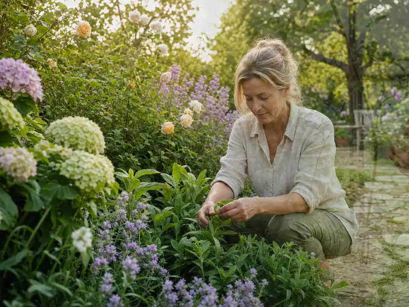 Person pflegt üppige Pflanzen in einem natürlich beleuchteten Garten; Thema Petunien, Schwerpunkt Düngung; Titelbild.