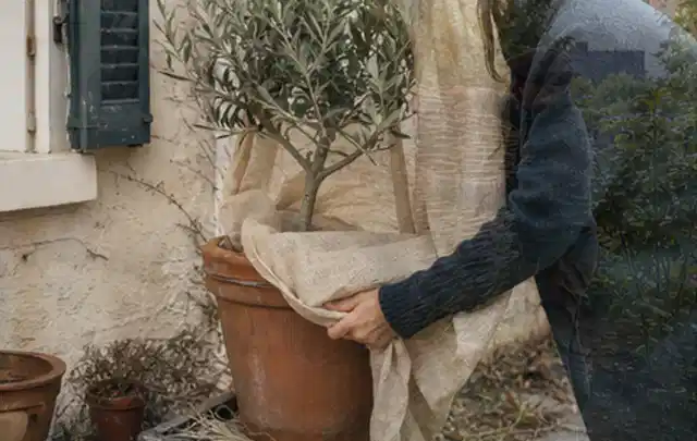 Person umhüllt eine mediterrane Kübelpflanze mit atmungsaktivem Winterschutz; Thema Petunien, Schwerpunkt Düngung; Ergebnis.