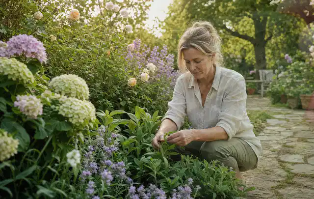 Person pflegt üppige Pflanzen in einem natürlich beleuchteten Garten; Thema Petunien, Schwerpunkt Einsteigerwissen; Praxisalltag.
