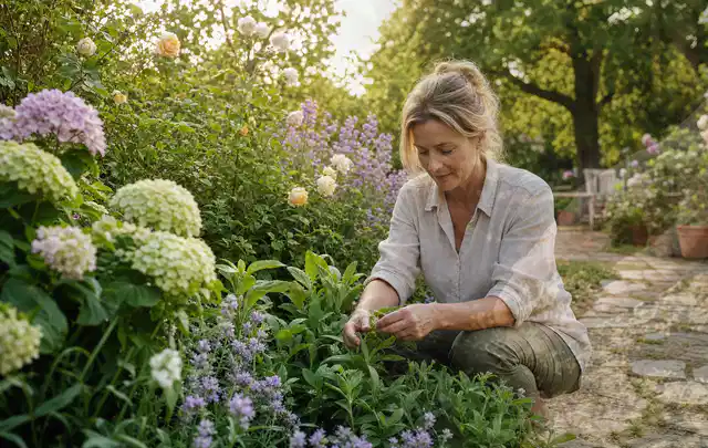Person pflegt üppige Pflanzen in einem natürlich beleuchteten Garten; Thema Petunien, Schwerpunkt Fehlerhilfe; Praxisalltag.