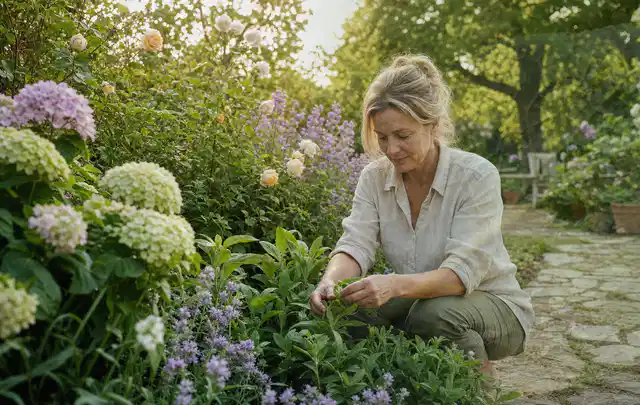 Person pflegt üppige Pflanzen in einem natürlich beleuchteten Garten; Thema Petunien, Schwerpunkt Gartenpraxis; Kontrolle.