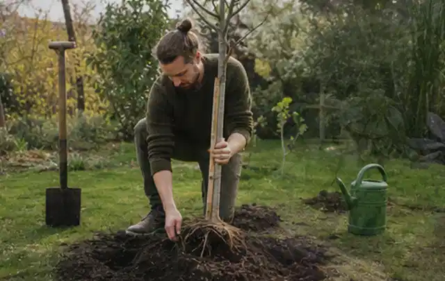 Person setzt einen jungen Zierbaum in ein vorbereitetes Pflanzloch im Garten; Thema Petunien, Schwerpunkt Gartenpraxis; Ergebnis.