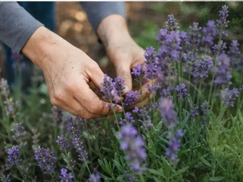 Hände pflegen blühenden Lavendel in einem natürlich angelegten Gartenbeet; Thema Petunien, Schwerpunkt Jahrespflege; Titelbild.