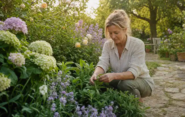 Person pflegt üppige Pflanzen in einem natürlich beleuchteten Garten; Thema Petunien, Schwerpunkt Jahrespflege; Ergebnis.