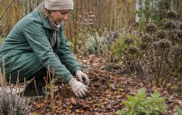 Person verteilt eine schützende Mulchschicht zwischen winterlichen Stauden; Thema Petunien, Schwerpunkt Jahrespflege; Praxisalltag.
