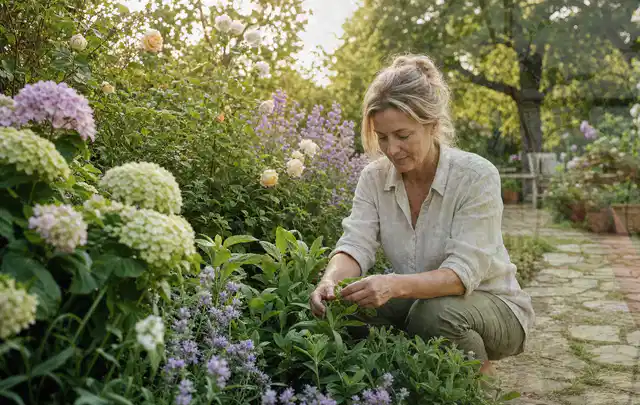 Person pflegt üppige Pflanzen in einem natürlich beleuchteten Garten; Thema Petunien, Schwerpunkt Kaufberatung; Umsetzung.