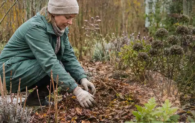 Person verteilt eine schützende Mulchschicht zwischen winterlichen Stauden; Thema Petunien, Schwerpunkt Kaufberatung; Ergebnis.