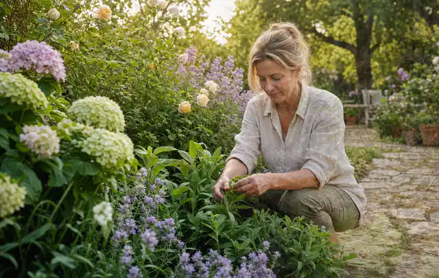 Person pflegt üppige Pflanzen in einem natürlich beleuchteten Garten; Thema Petunien, Schwerpunkt Pflanzenschutz; Ausgangslage.