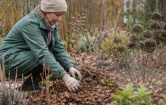 Person verteilt eine schützende Mulchschicht zwischen winterlichen Stauden; Thema Petunien, Schwerpunkt Pflanzpartner; Ergebnis.