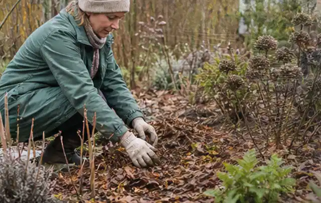 Person verteilt eine schützende Mulchschicht zwischen winterlichen Stauden; Thema Petunien, Schwerpunkt Problemlösung; Ausgangslage.