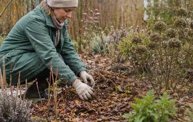 Person verteilt eine schützende Mulchschicht zwischen winterlichen Stauden; Thema Petunien, Schwerpunkt Standort; Ausgangslage.