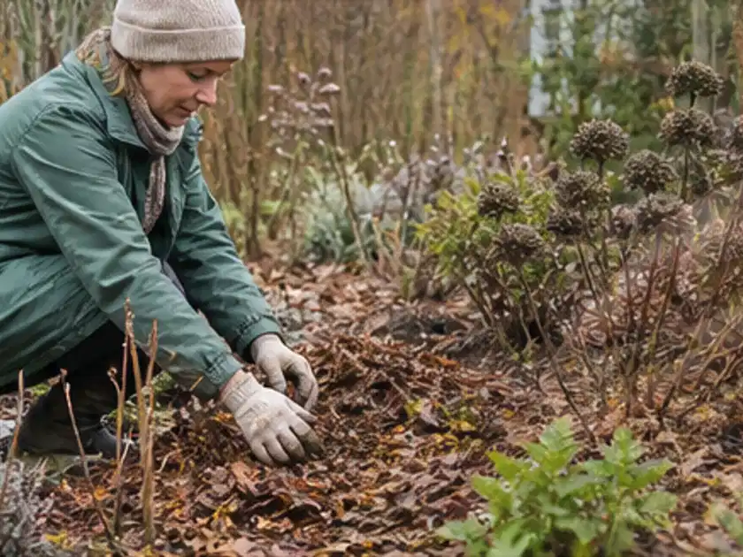 Person verteilt eine schützende Mulchschicht zwischen winterlichen Stauden; Thema Petunien, Schwerpunkt Topfkultur; Titelbild.